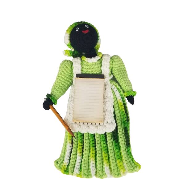 Handmade Crochete Vintage Doll African American Green Dress Hanging Notepad